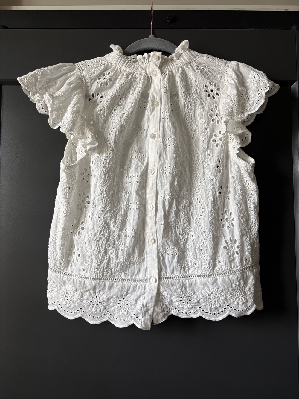 100% Cotton White Eyelet Lace Ruffle Neck Blouse - Picture 3 of 7